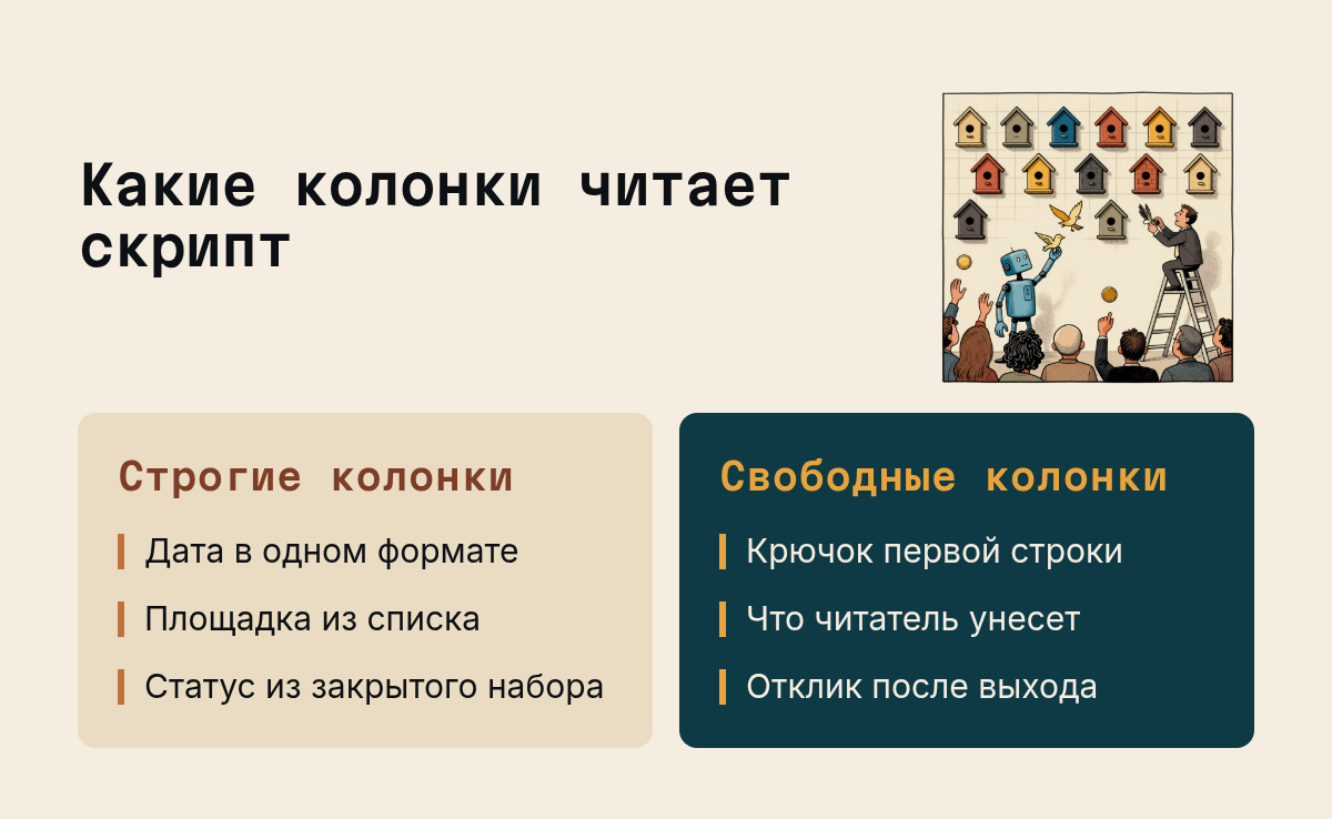 Какие колонки читает скрипт: Строгие колонки: Дата в одном формате, Площадка из списка, Статус из закрытого набора; Свободные колонки: Крючок первой строки, Что читатель унесёт, Отклик после выхода. Иллюстрация к разделу Как таблица превращается в автопостинг, вид: две колонки