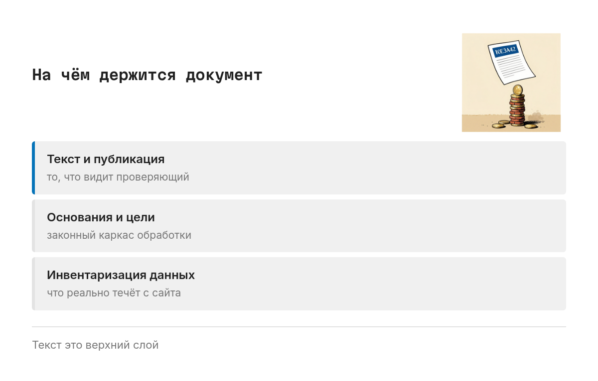 Три слоя снизу вверх: инвентаризация данных сайта, юридические основания обработки, текст политики со ссылкой с главной страницы и из форм.