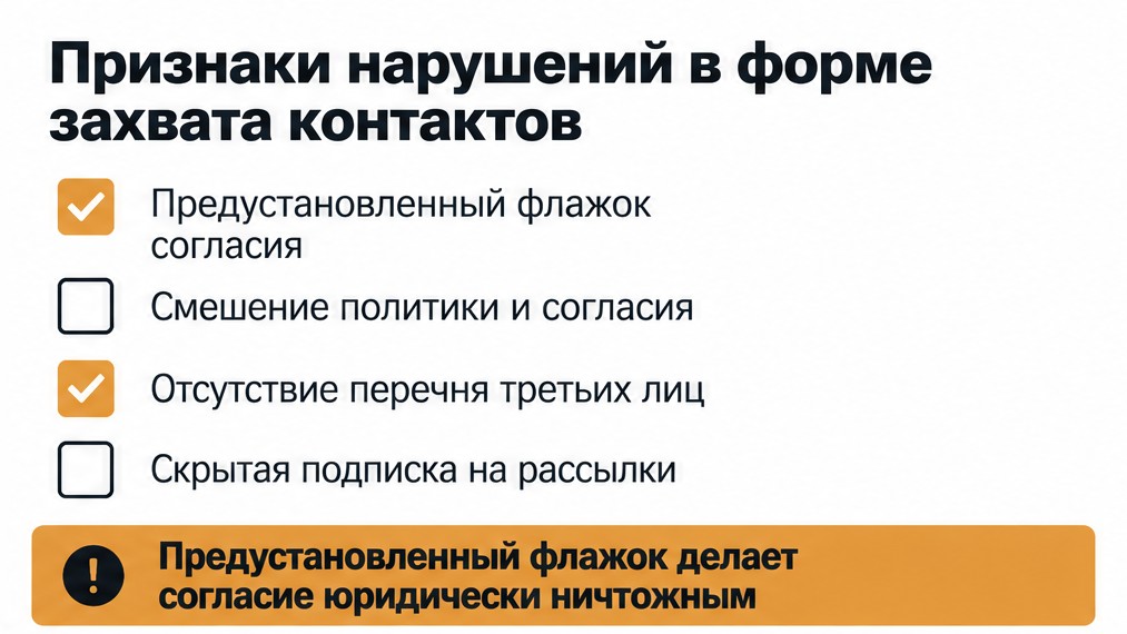 Признаки нарушений в форме захвата контактов: Предустановленный флажок согласия, Смешение политики и согласия, Отсутствие перечня третьих лиц, Скрытая подписка на рассылки. Иллюстрация к разделу Типичные ошибки в веб-формах и чекбоксах, вид: чек-лист