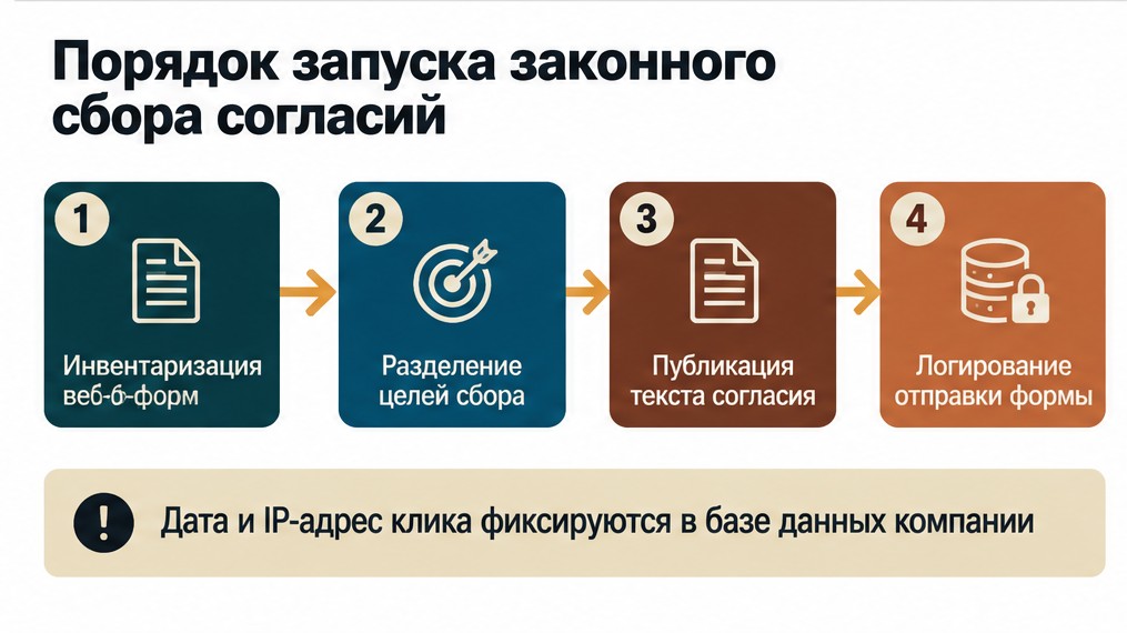 Порядок запуска законного сбора согласий: Инвентаризация веб-форм, Разделение целей сбора, Публикация текста согласия, Логирование отправки формы. Иллюстрация к разделу Как внедрить согласие на страницы сайта, вид: схема процесса