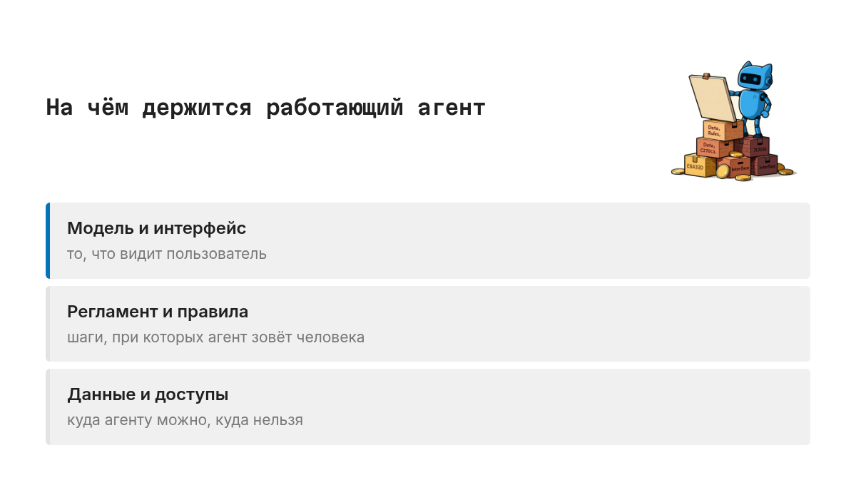 Три слоя: внизу данные и доступы, посередине регламент и правила, сверху сама модель. Каждый верхний слой работает только если цел нижний.