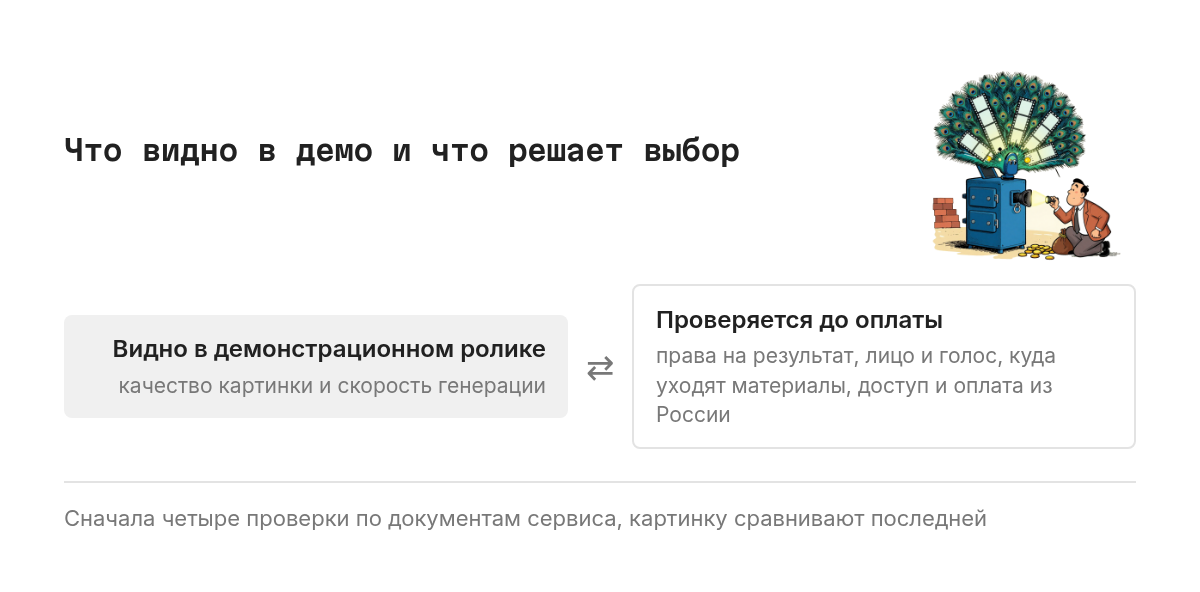 Весы. Слева то, что видно в демонстрационном ролике: качество картинки и скорость генерации. Справа четыре проверки до оплаты: права на результат, лицо и голос сотрудников, куда уходят загруженные материалы, доступ и оплата из России.
