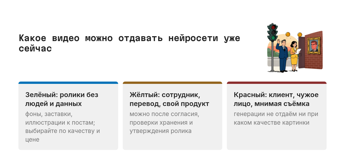 Светофор задач. Зелёный: фоны, заставки, анимированные иллюстрации без людей и внутренних данных. Жёлтый: лицо или голос сотрудника, перевод выступления, узнаваемый продукт, только после согласия и проверки. Красный: клиент, публичная персона без разрешения, сцена, похожая на реальную съёмку.
