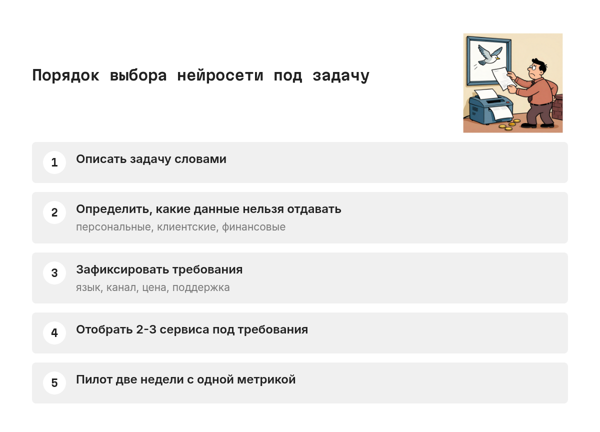 Схема из пяти шагов: описать задачу словами, решить, что нельзя отдавать вовне, зафиксировать требования, отобрать сервисы, запустить пилот на две недели с метрикой.