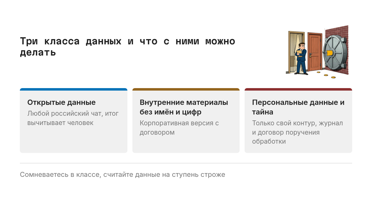 Схема-светофор из трёх уровней, от самого свободного к самому строгому. Первый уровень: открытые данные, подходит любой российский чат, итог вычитывает человек. Второй уровень: внутренние материалы без имён и коммерческих цифр, нужна корпоративная версия с договором. Третий уровень: персональные данные и коммерческая тайна, только свой контур с журналом и договором поручения обработки.