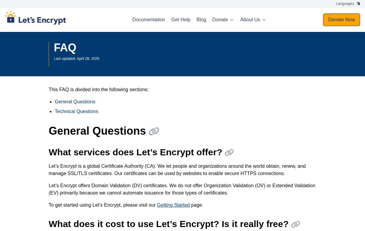 Снимок страницы Let's Encrypt: первый экран с заголовком FAQ