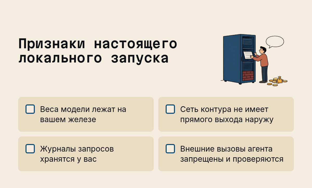 Признаки настоящего локального запуска: Веса модели лежат на вашем железе, Сеть контура не имеет прямого выхода наружу, Журналы запросов хранятся у вас, Внешние вызовы агента запрещены и проверяются. Иллюстрация к разделу Что значит локальный и почему это про контур, не про ноутбук, вид: чек-лист