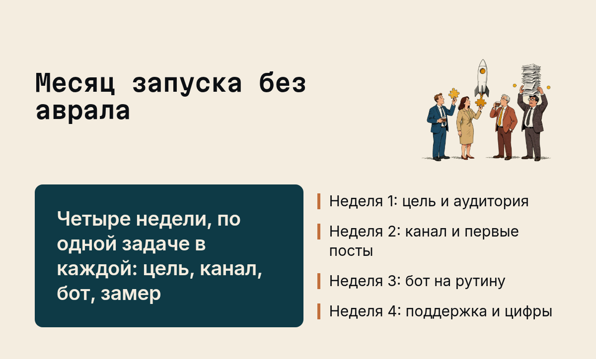 Месяц запуска без аврала: Четыре недели, по одной задаче в каждой: цель, канал, бот, замер, Неделя 1: цель и аудитория, Неделя 2: канал и первые посты, Неделя 3: бот на рутину, Неделя 4: поддержка и цифры. Иллюстрация к разделу План на первый месяц: чек-лист по неделям, вид: карточка факта