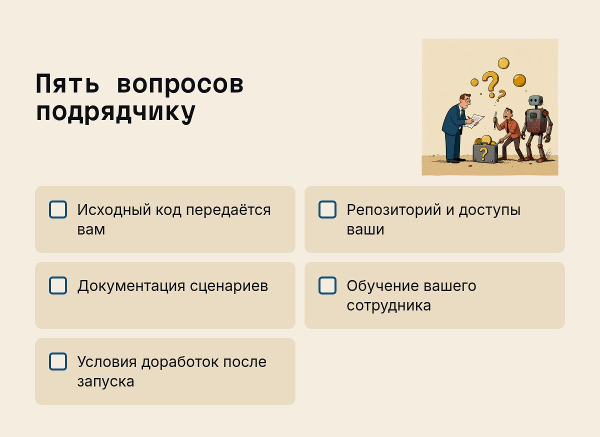 Пять вопросов подрядчику: Исходный код передаётся вам, Репозиторий и доступы ваши, Документация сценариев, Обучение вашего сотрудника, Условия доработок после запуска. Иллюстрация к разделу Что проверить до подписания договора на разработку, вид: чек-лист
