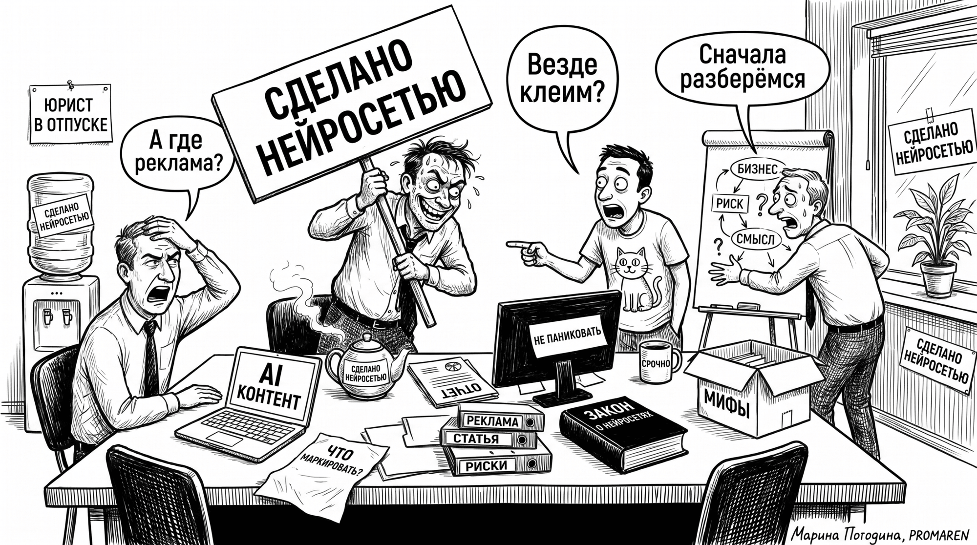 Чёрно-белая карикатура о путанице вокруг маркировки AI-контента в бизнесе | Марина Погодина, PROMAREN