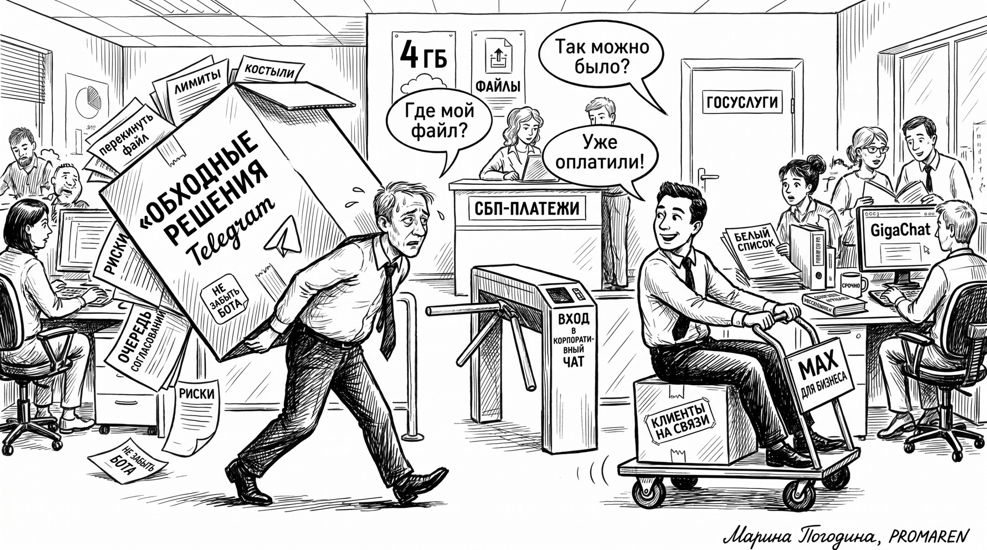 Чёрно-белая карикатура о MAX и Telegram в офисе с подписями и шутками | Марина Погодина, PROMAREN
