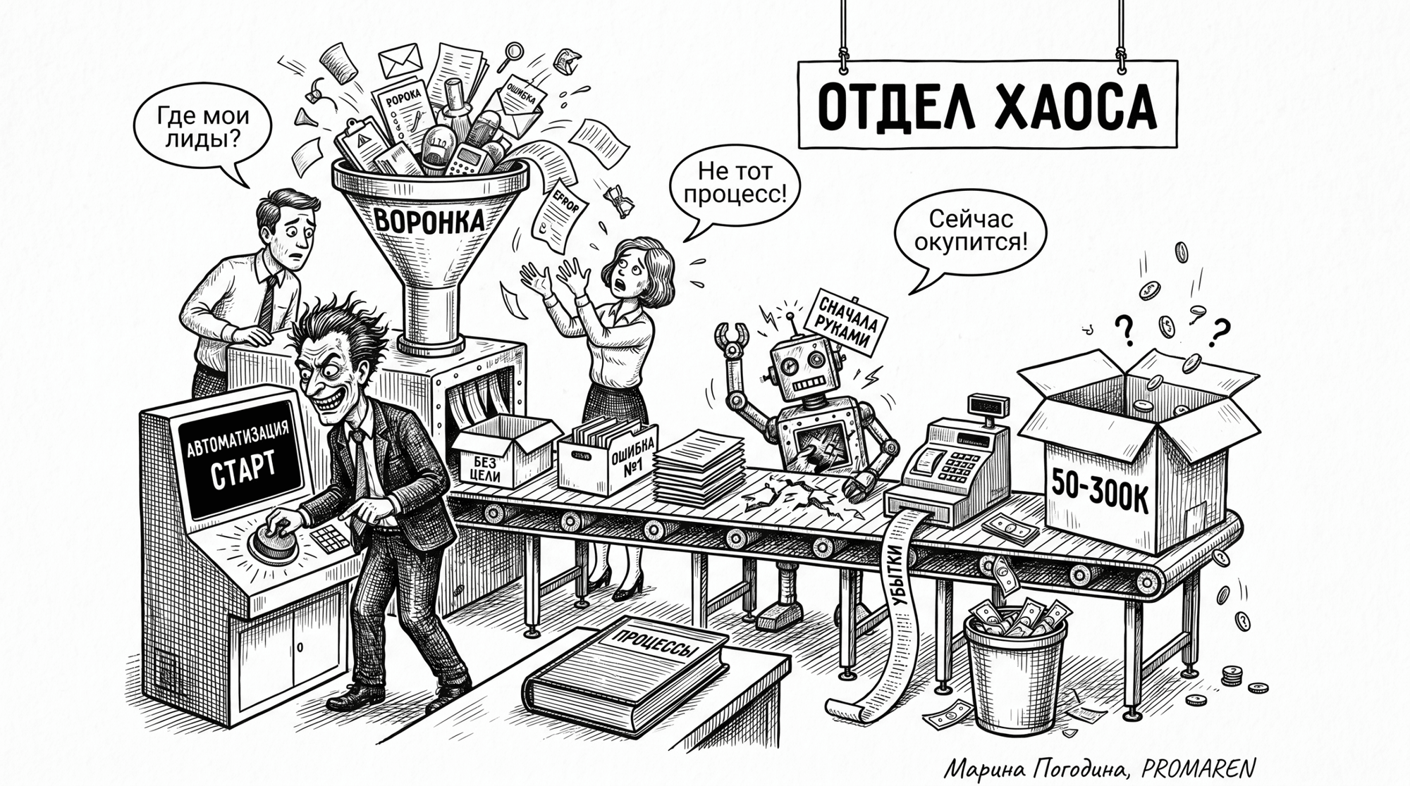 Чёрно-белая карикатура о провале автоматизации, где кнопка запуска создаёт хаос и убытки | Марина Погодина, PROMAREN