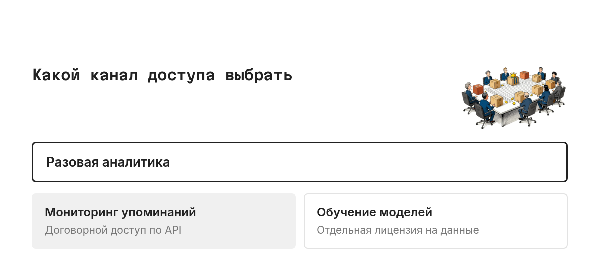 Схема-развилка: если данные нужны разово, смотрите в сторону официальных выгрузок и отчётов; если нужен постоянный мониторинг упоминаний, выбирайте договорной доступ; если данные для обучения моделей, потребуется отдельная коммерческая лицензия.