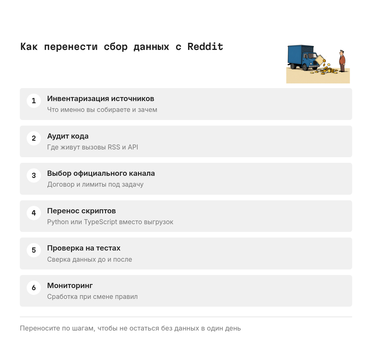 Порядок действий: инвентаризация источников, аудит кода на старые вызовы API, выбор официального канала доступа, перенос скриптов, проверка на тестовых данных, постановка на мониторинг.