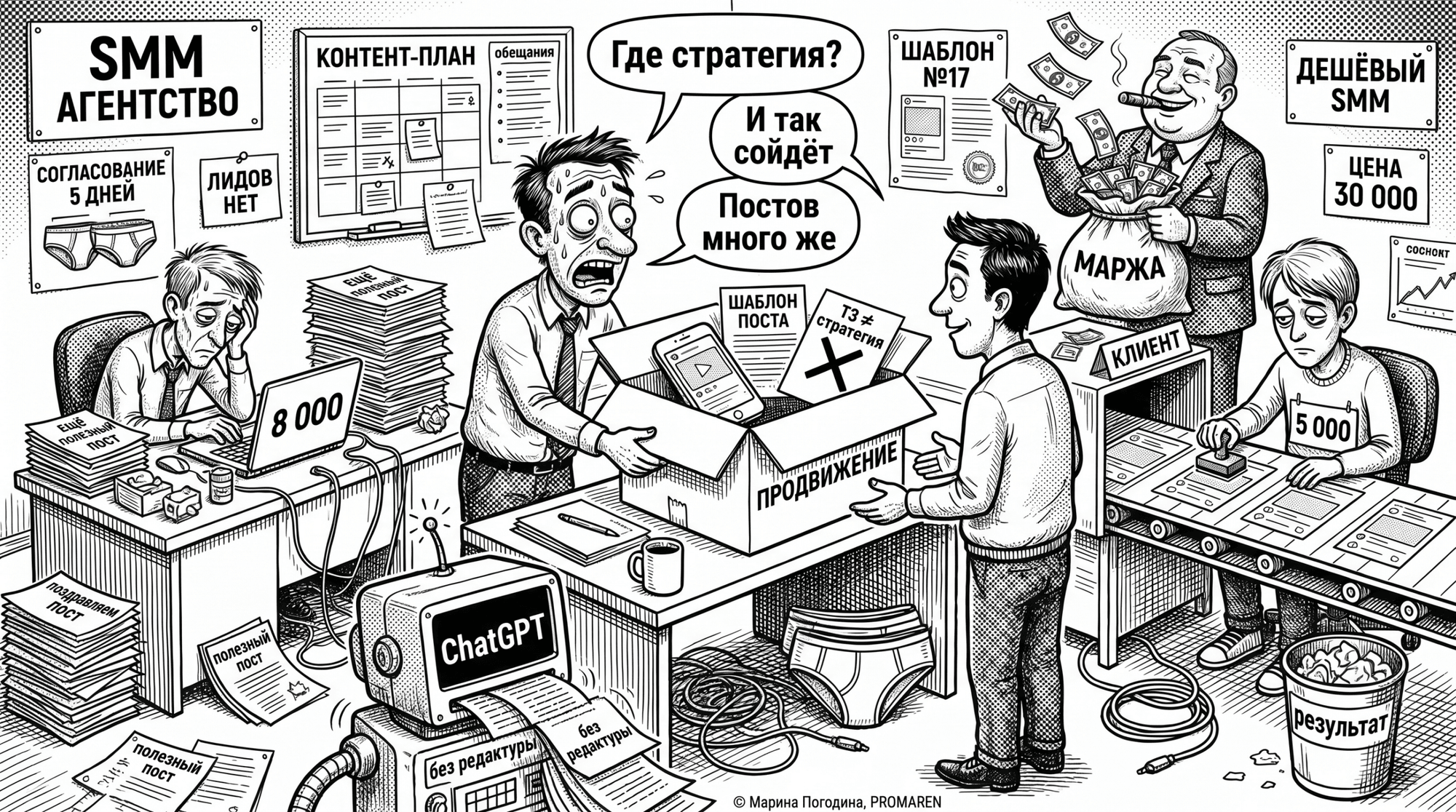 Чёрно-белая карикатура о том, как дешевый SMM за 30 тысяч превращается в конвейер шаблонов | Марина Погодина, PROMAREN